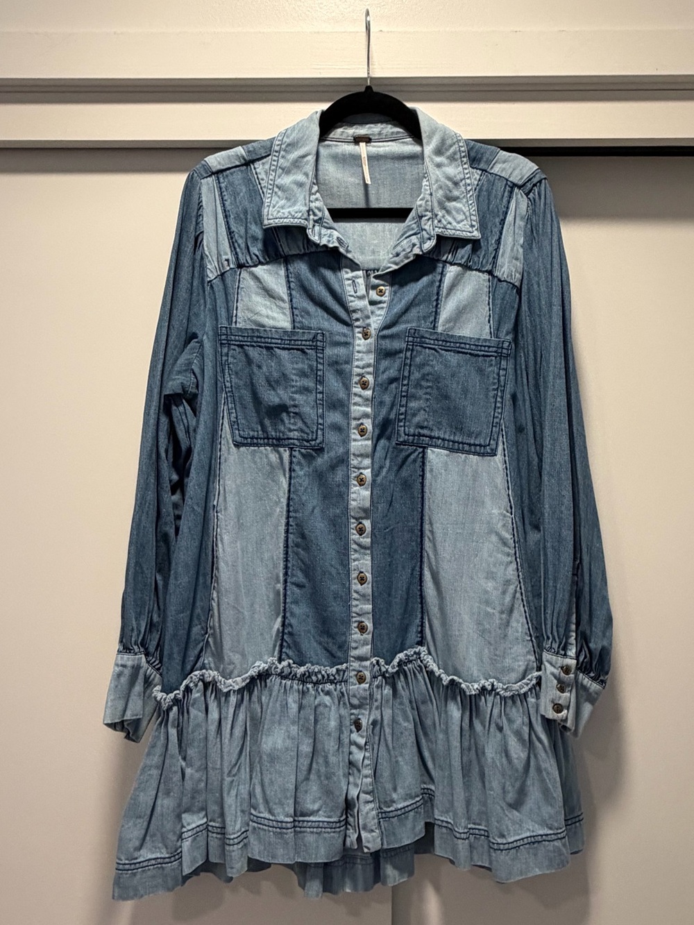 Free People Patchwork Light and Medium Blue Denim Mini Dress